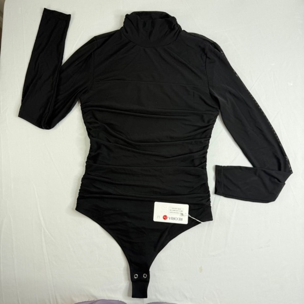 REORIA Black Mock Neck Ruched Mesh Long Sleeve Thong Bodysuit Small New